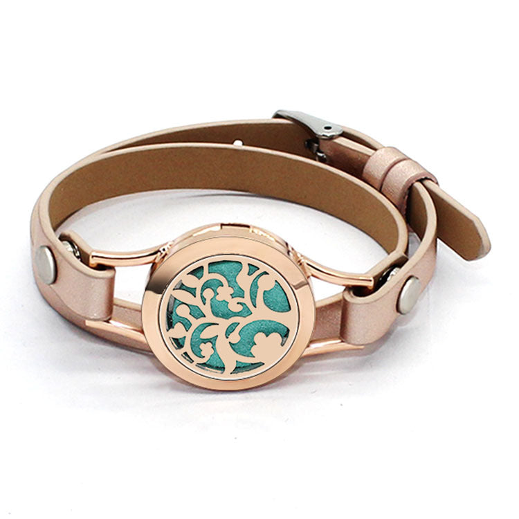 Stainless Steel Titanium Steel Hollow Perfume Fragrance Bracelet Double Circle Leather Belt Essential Oil Diffusion Fragrance Bracelet