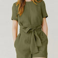 Cotton Linen Solid Color Round Neck Short Sleeves Pocket Lace-up Waist-controlled Casual One-piece Pant Belt Belt