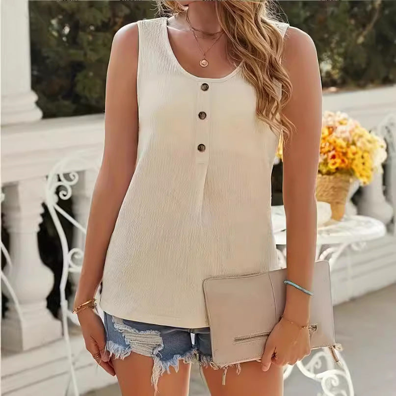 Fashionable Textured Button Loose Casual Round Neck T-shirt For Women