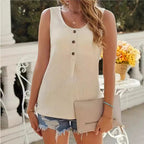 Fashionable Textured Button Loose Casual Round Neck T-shirt For Women