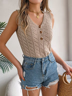 Women S Solid Color Button V-Neck Hollow Out Sleeveless Knit Vacation Top