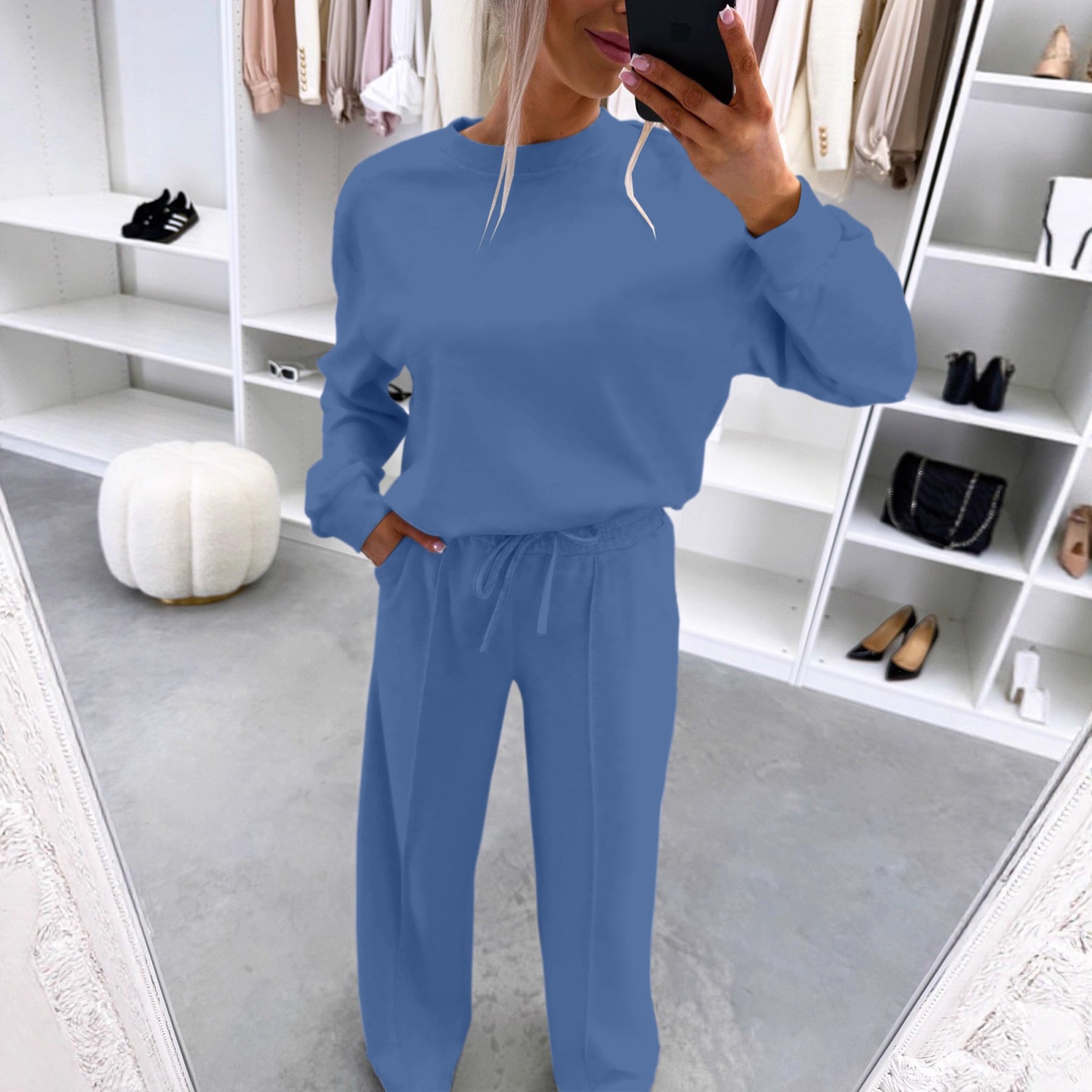 Home-style Drop-shoulder Long-sleeve Top And Casual Pleated Trousers Two-piece Set