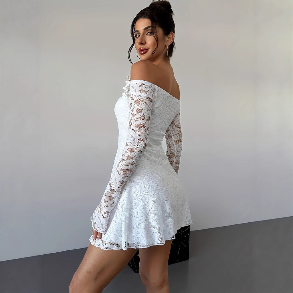 SpringSummer White Off-Shoulder Lace Short Dress For Women