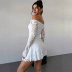 SpringSummer White Off-Shoulder Lace Short Dress For Women
