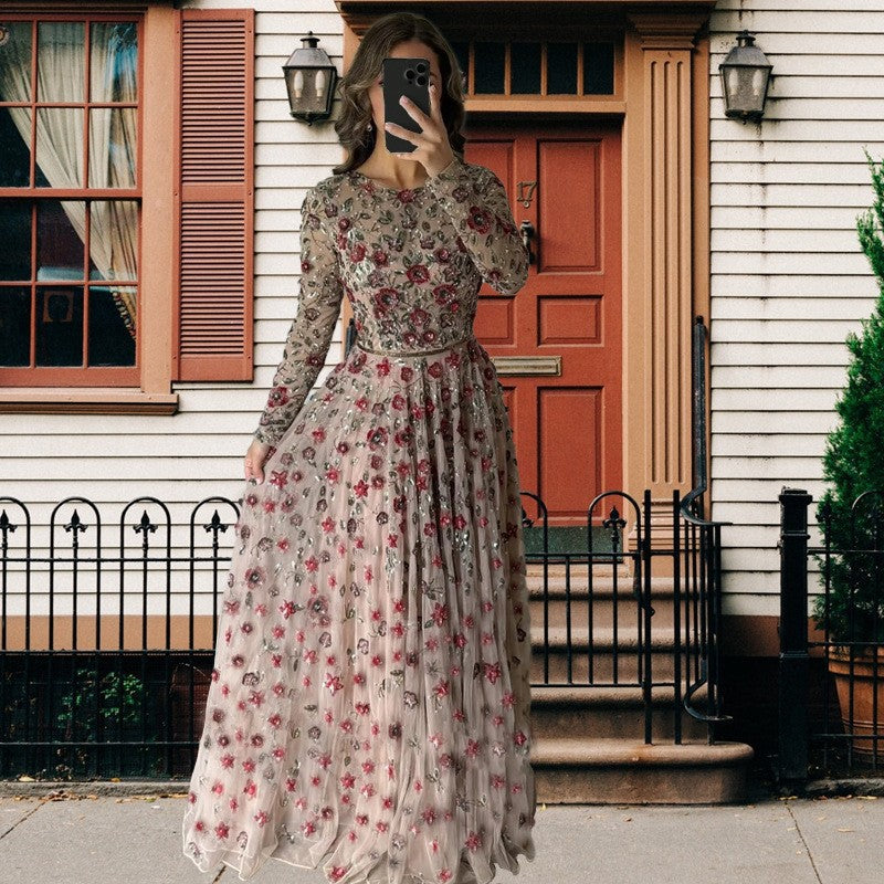 Figure-hugging Slimming Long-sleeve Belted Maxi Dress