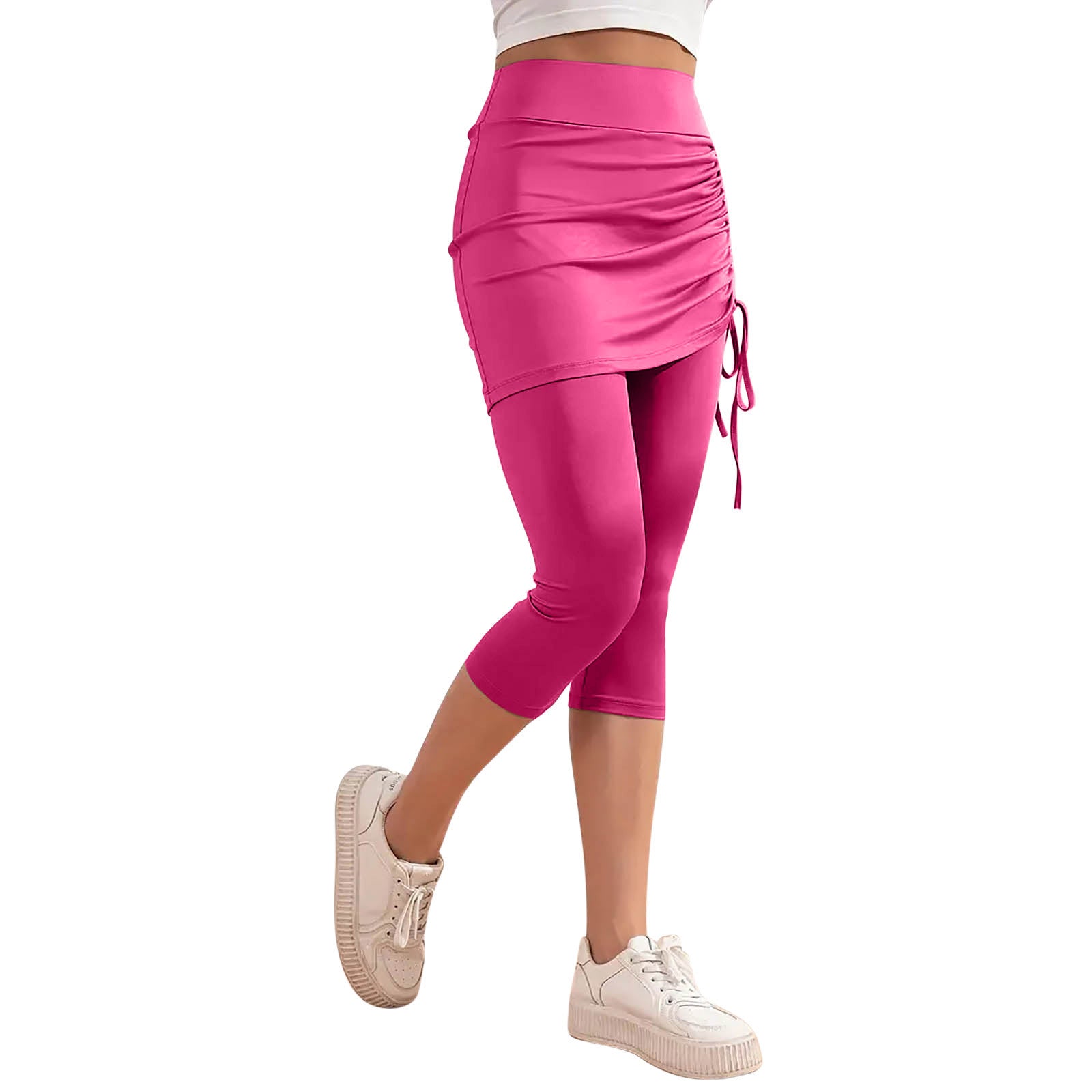 High-waisted Solid-color Slim-fit Ruched Capri Pants For Summer