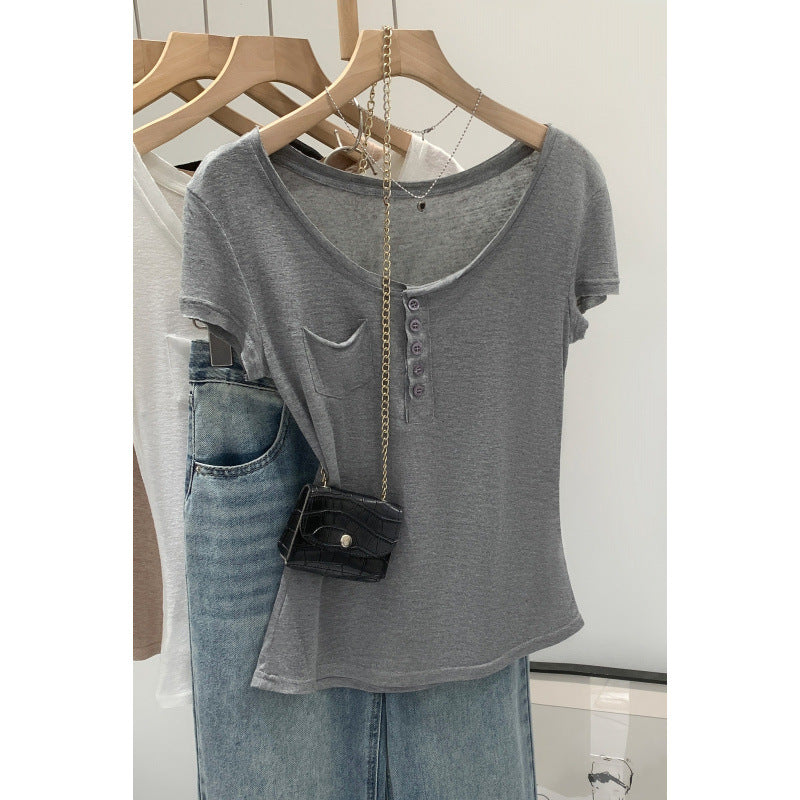 European-style High-end Chic Short-sleeve Top With Buttoned Pocket Detailing