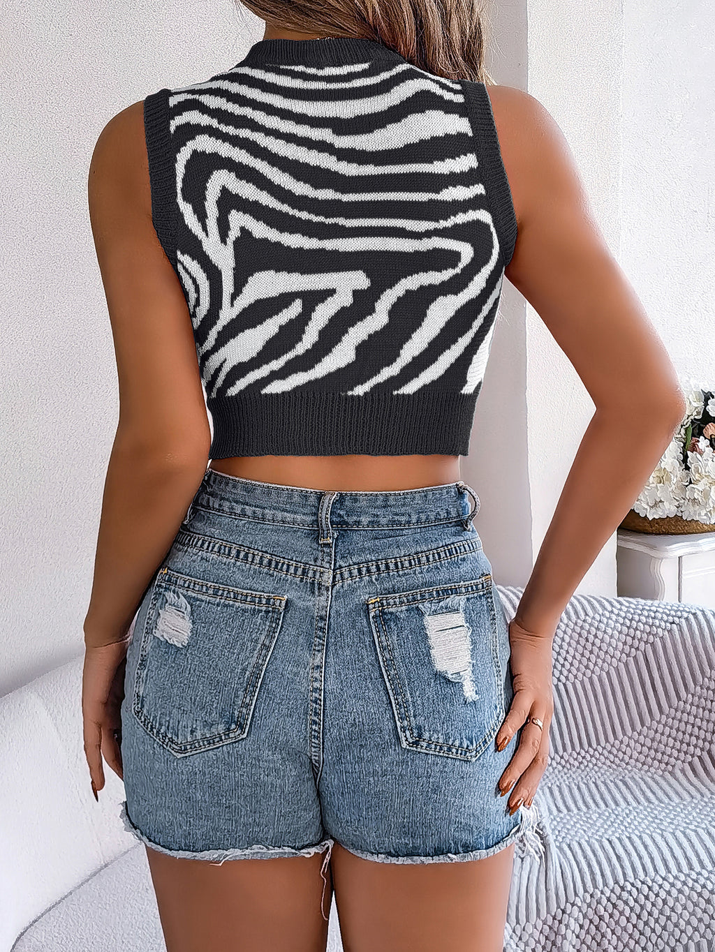 Women S Color Block Zebra Print Hollow Out Cropped Knit  Vacation Top