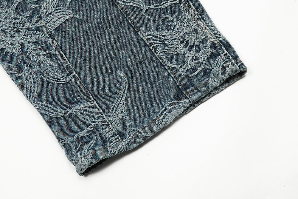 Flower Jacquard Denim Suspender Pants Men