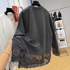 Lace-sleeved Long-sleeve T-shirt Loose-fitting Plus-size Mid-length Base Layer With Brushed Fabric