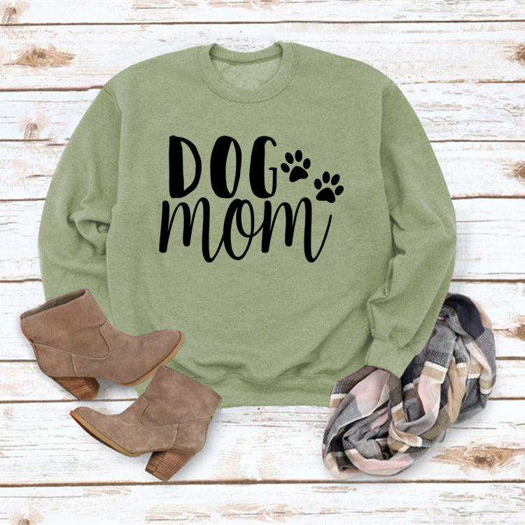 Dog Mom Lettered Casual Round Neck Long Sleeve Sweater Europe And America Cross Border Fashion Loose Base Ride Top For Women