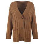 Knitted Women's Threaded Pocket V-neck Coat High Waist Wide Leg Pant Suit