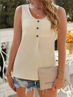 Fashionable Textured Button Loose Casual Round Neck T-shirt For Women