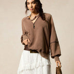 Women's Fashionable V-Neck Long-Sleeve Pullover Sweater Solid Color Top