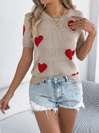 Women S Casual Color Block Heart Short Sleeve Knit Valentine S Top