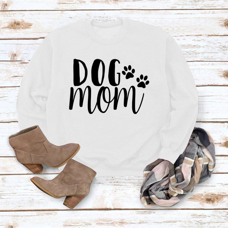 Dog Mom Lettered Casual Round Neck Long Sleeve Sweater Europe And America Cross Border Fashion Loose Base Ride Top For Women
