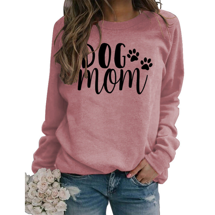 Dog Mom Lettered Casual Round Neck Long Sleeve Sweater Europe And America Cross Border Fashion Loose Base Ride Top For Women