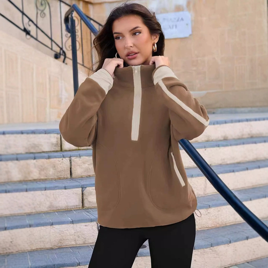 Stand-up Collar Casual Color-block Women's Zip-up Long-sleeve