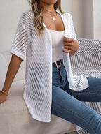 Women S Vertical Stripe Hollow Out Short Sleeve Knit Cardigan Cover-Up