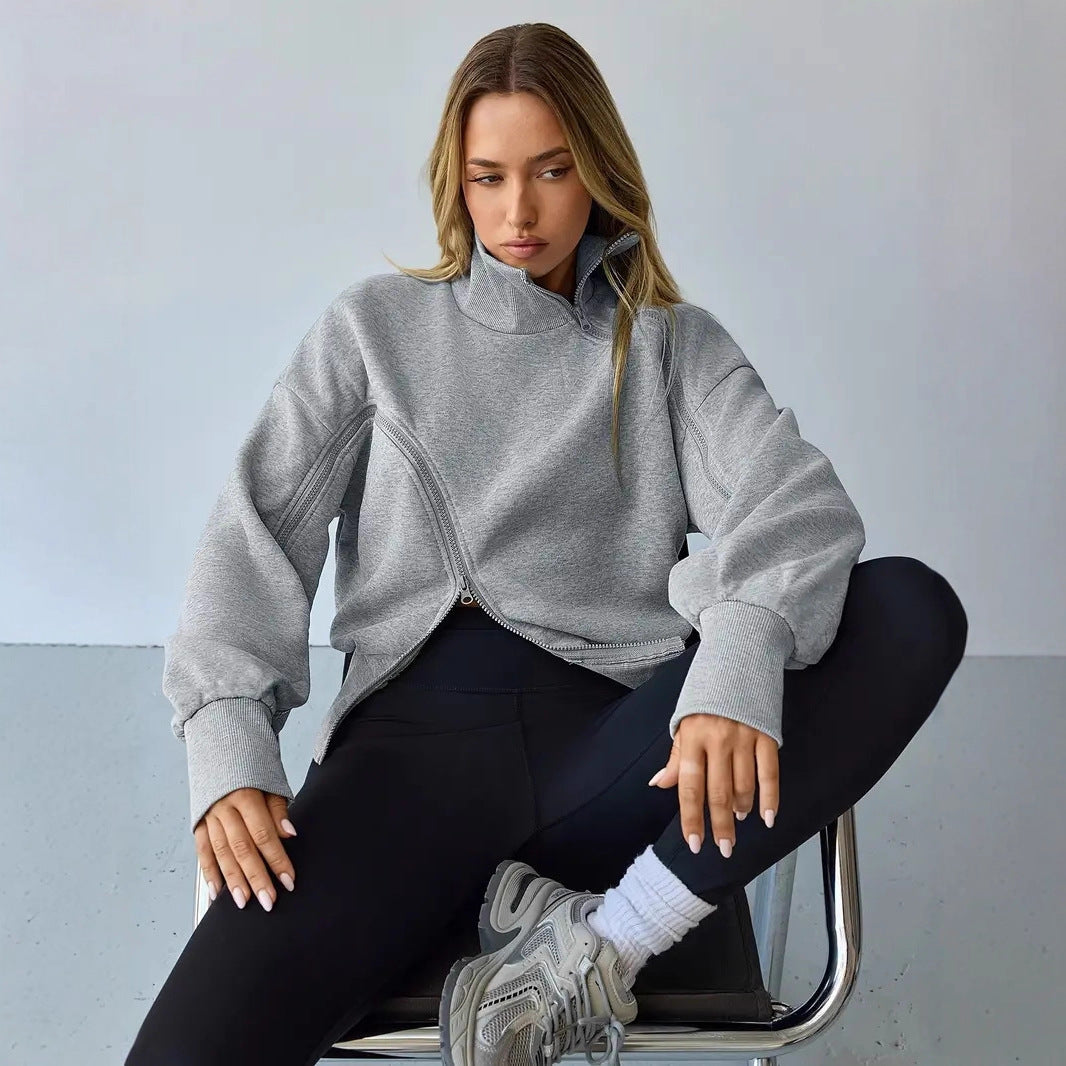 Contrast-color Zipper Short Chic Mock-neck Hoodie