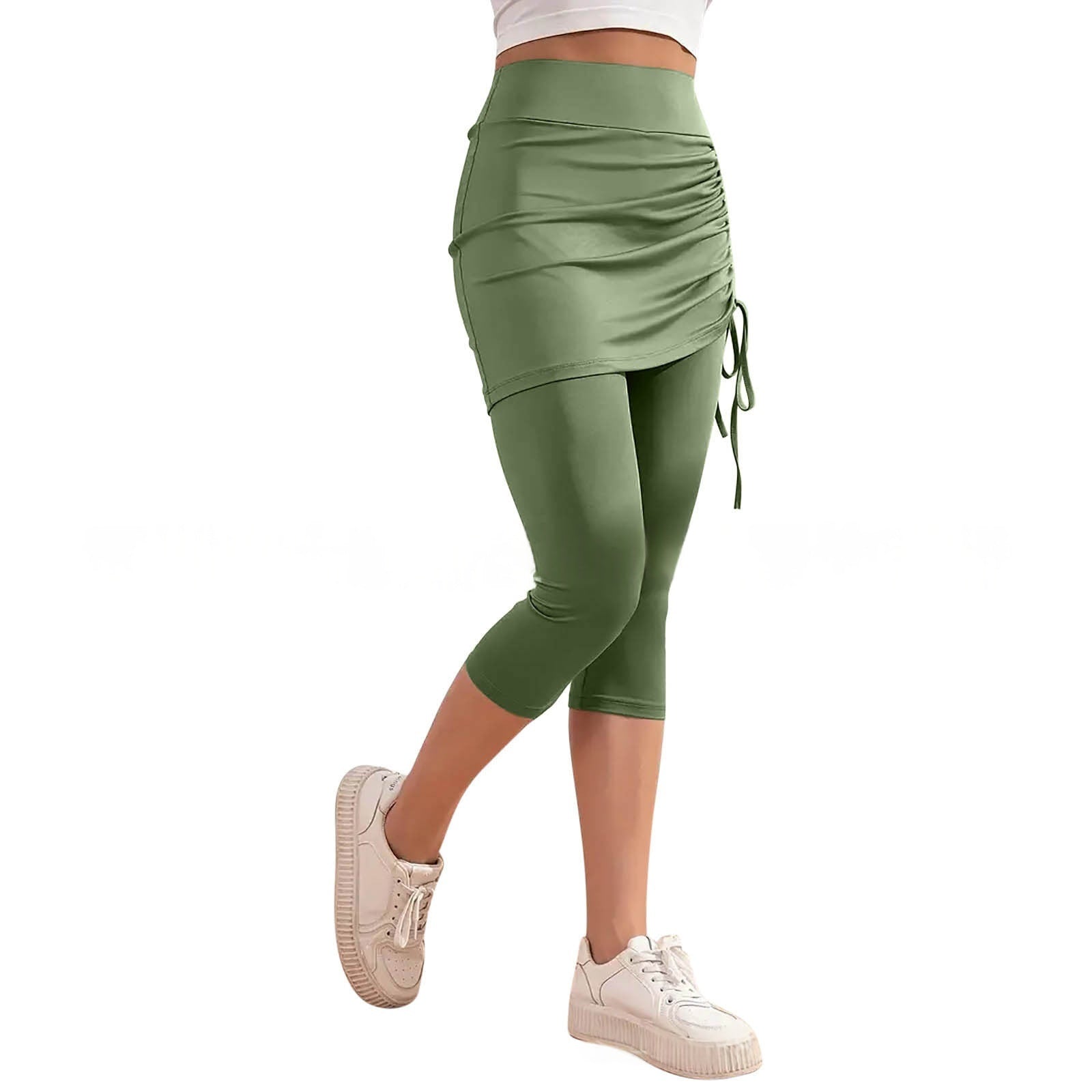 High-waisted Solid-color Slim-fit Ruched Capri Pants For Summer