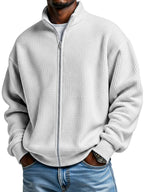 Mens Minimalist Solid-Color Waffle-Weave Stand-Up Collar Zip-Up Jacket