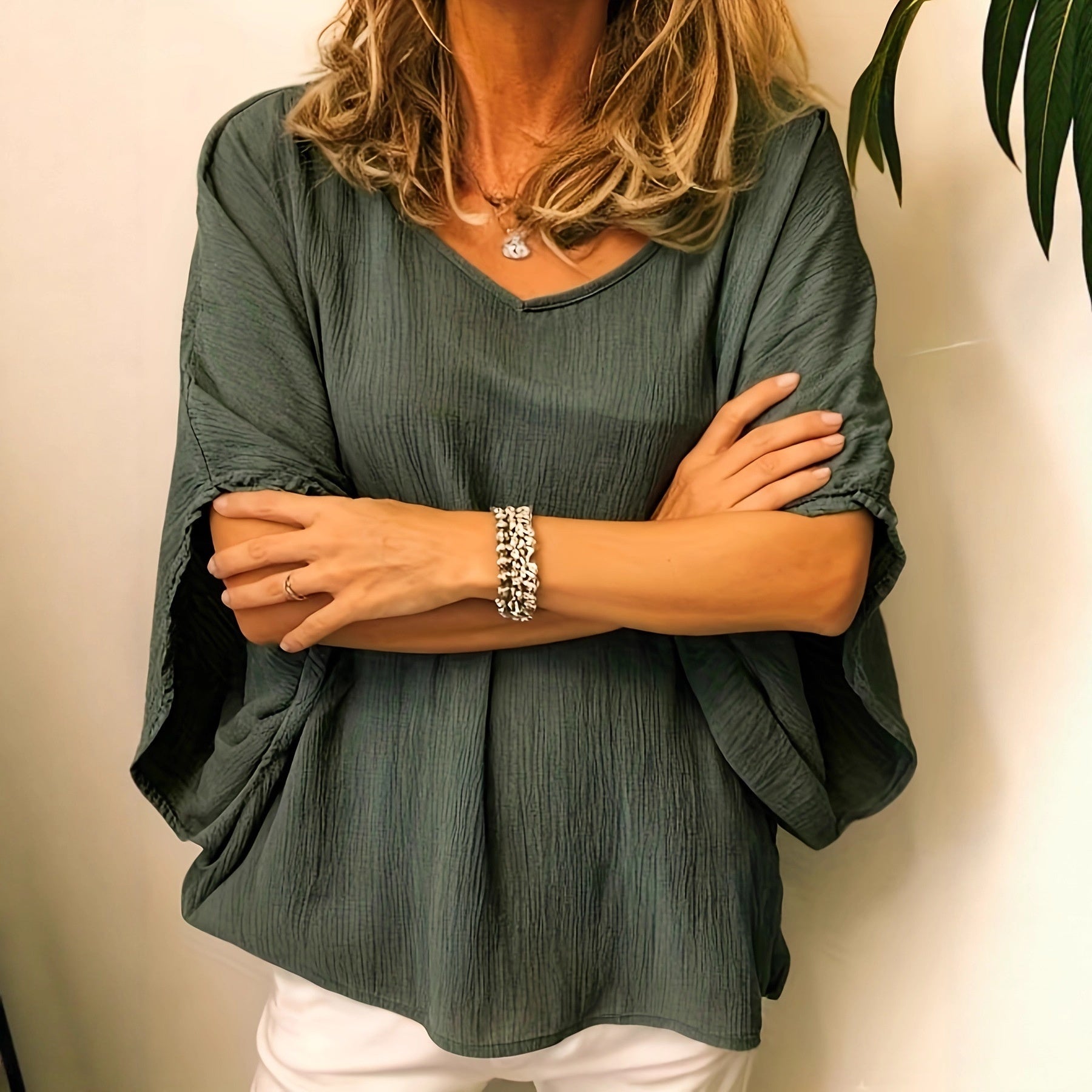 Versatile Solid-Colored Cotton-Linen Batwing Top For Women