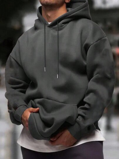 Mens Solid-Color Drop-Shoulder Long-Sleeve Hoodie