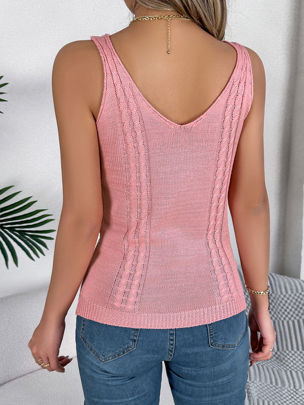 Women S Solid Color V-Neck Hollow Out Sleeveless Knit Vacation Tank