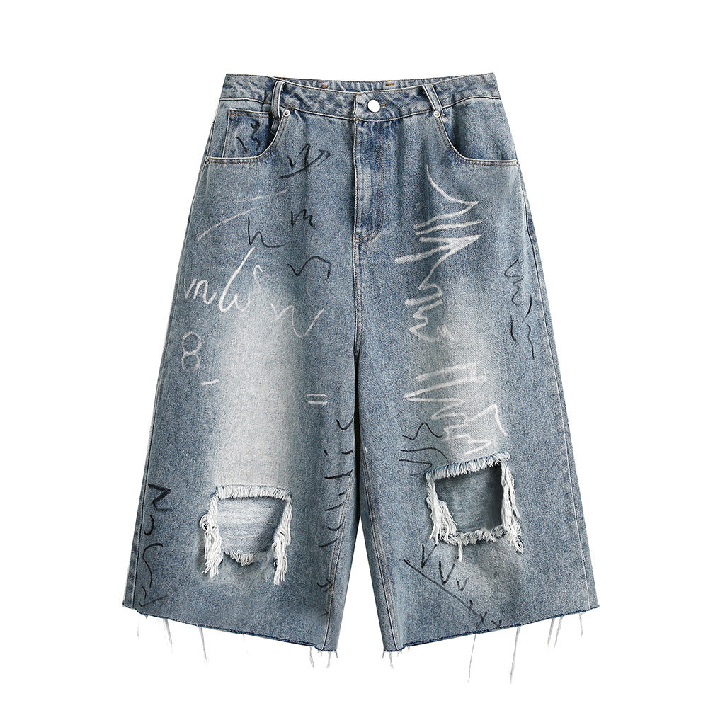 Fashion Destroyed Graffiti Cropped Pants Men
