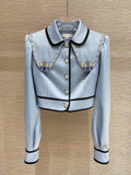 Temperament Blue Doll Collar Diamond Jacket Women''s Summer