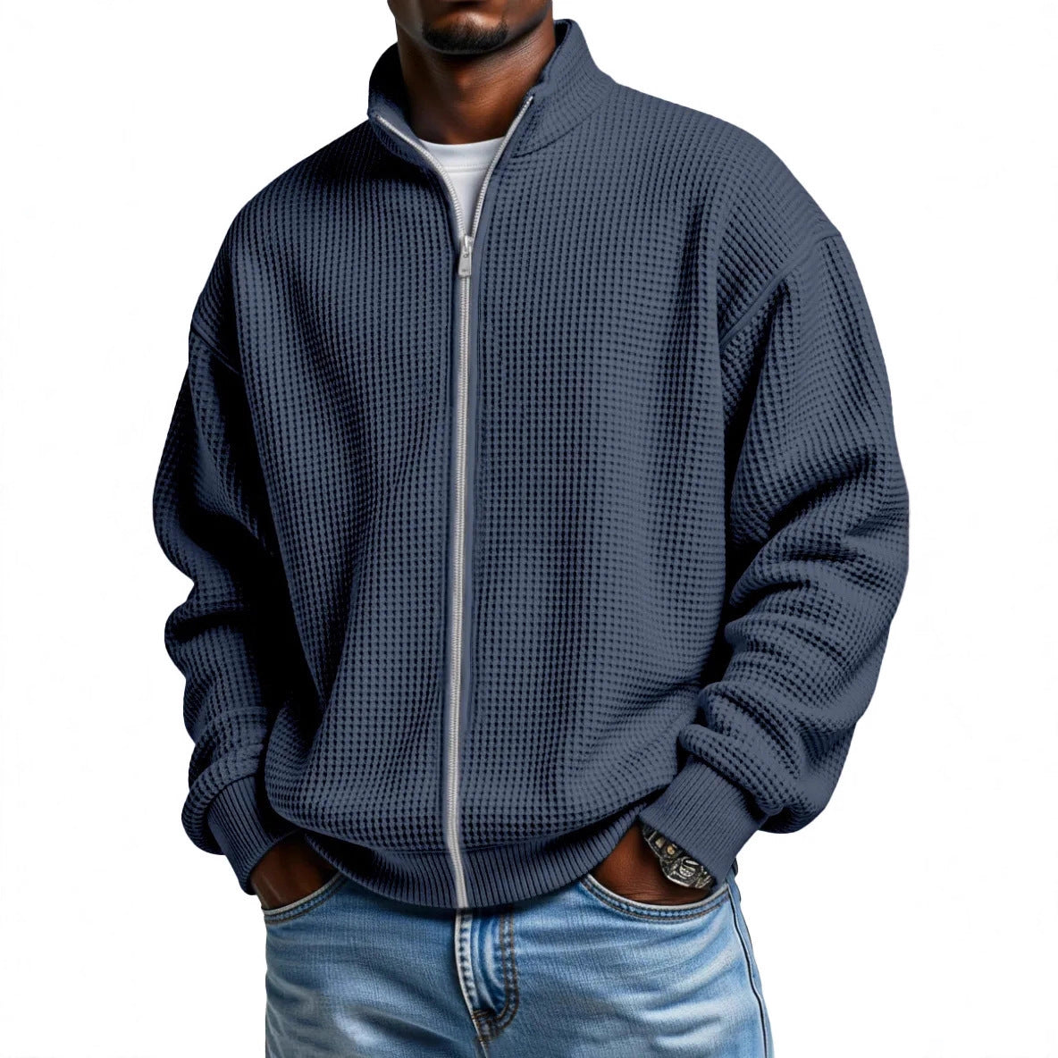 Mens Minimalist Solid-Color Waffle-Weave Stand-Up Collar Zip-Up Jacket