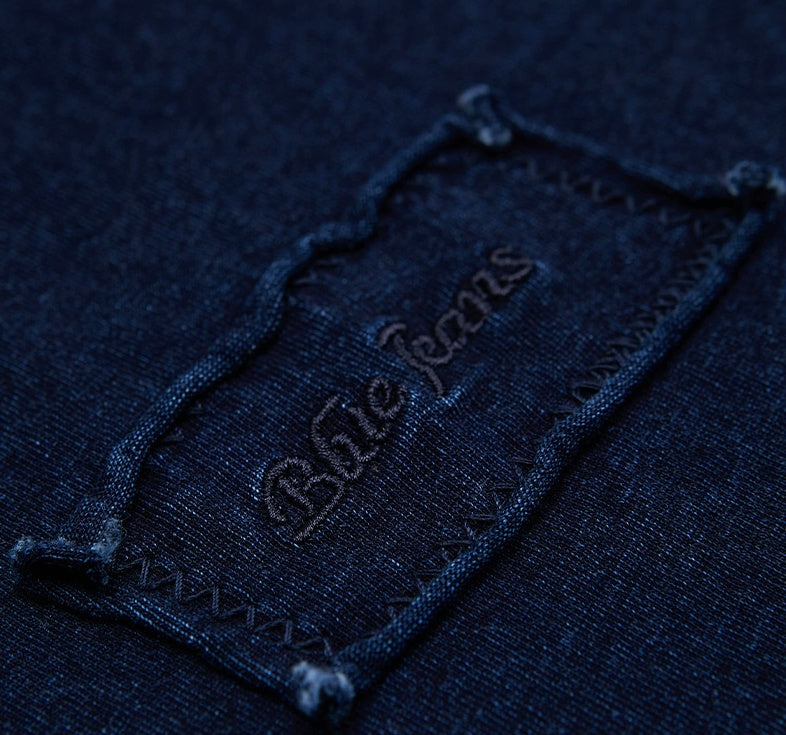 Men's Blue Dyed Knitted Denim Long Sleeve T-shirt Pocket Decoration Wash Water Top