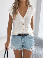 Women S Casual Solid Color Button V-Neck Knit Vacation Top