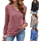 V-neck Casual Top Ribbed Pullover Hoodie For Women