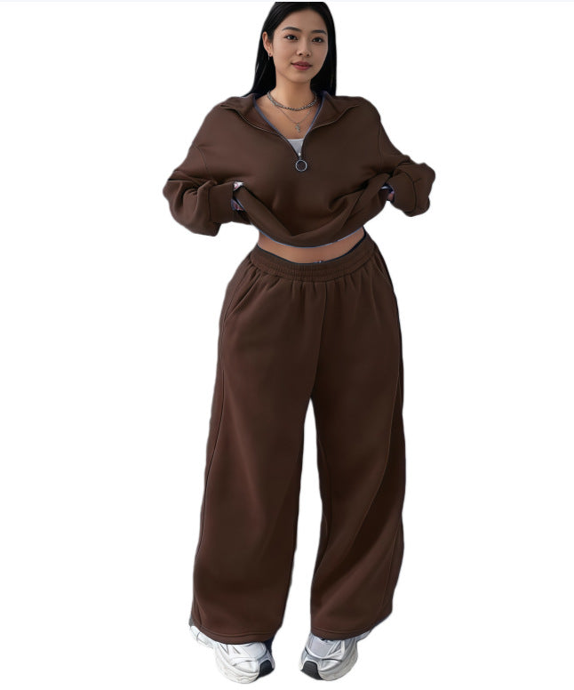 Casual Womens Fashion Half-Zip Pullover Hoodie And Pants Two-Piece Set