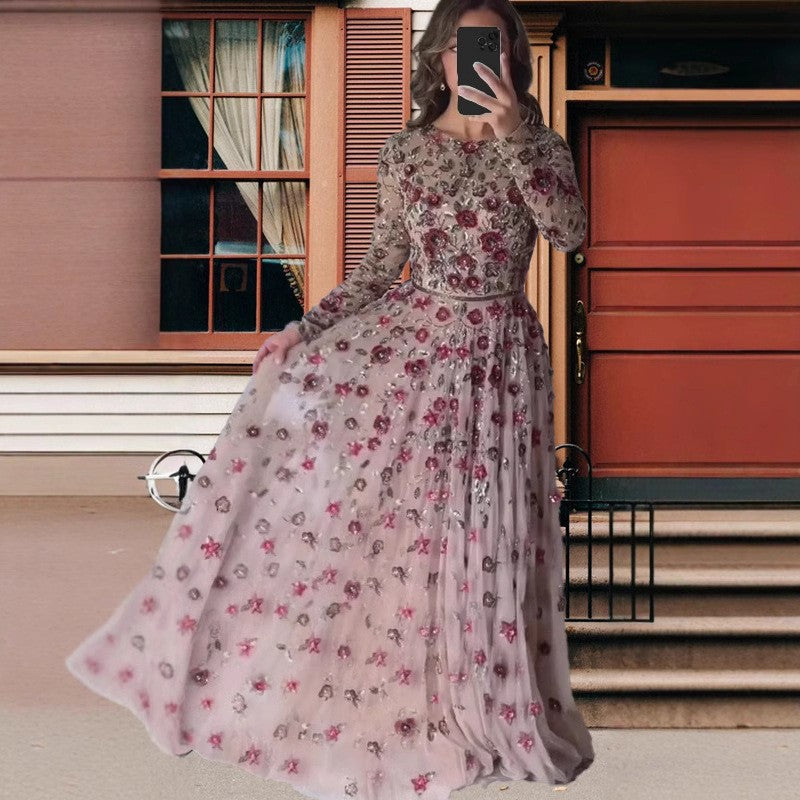 Figure-hugging Slimming Long-sleeve Belted Maxi Dress