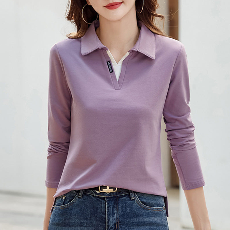 Versatile Outerwear Solid-color Contrast-color Casual V-neck Base Layer Top