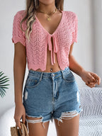 Women S Tie Front Hollow Out Short Sleeve Cropped Knit Cover-Up