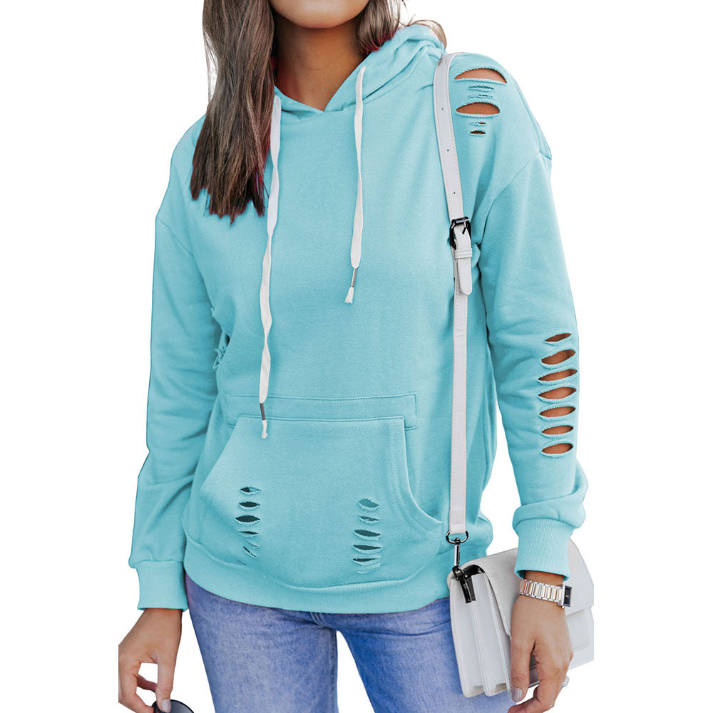 New Solid Color Long-sleeved Drawstring Hoodie Sweater For Women