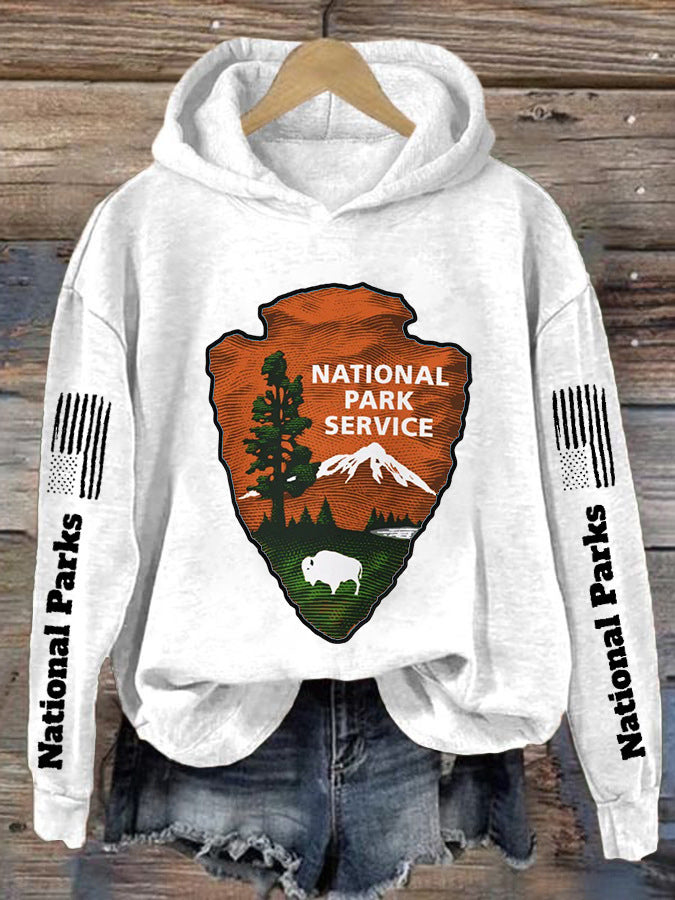 Womens Hooded Sweatshirt With A Forest And Mountain Peaks Design