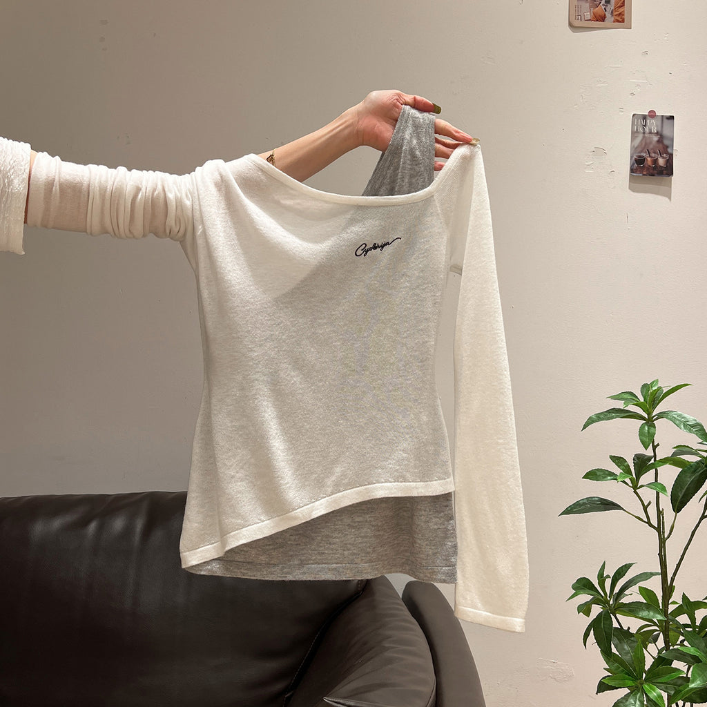 Fake Two-piece Embroidered Off-shoulder Long Sleeves