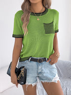 Women S Casual Color Block Stripe Pocket Short Sleeve Knit Top