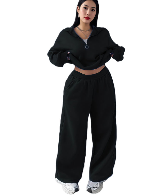 Casual Womens Fashion Half-Zip Pullover Hoodie And Pants Two-Piece Set