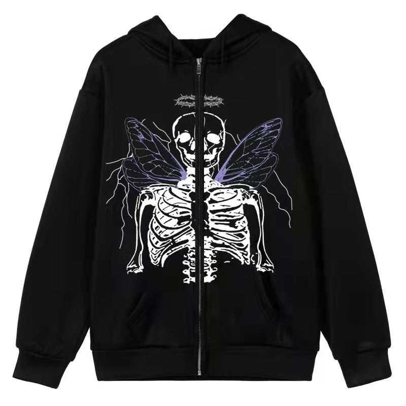 Cross-border Hooded Sweater In Stock Zipper Sweater Autumn And Winter European And American Butterfly Sweater Gothic Style Exercise Hooded Coat