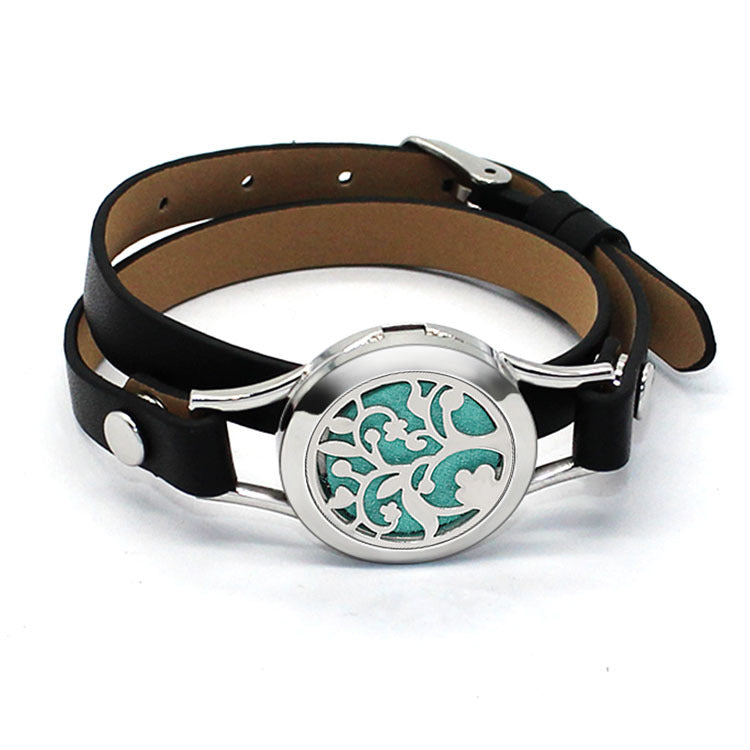 Stainless Steel Titanium Steel Hollow Perfume Fragrance Bracelet Double Circle Leather Belt Essential Oil Diffusion Fragrance Bracelet