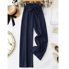Women's Wide Leg Solid Color Casual Polyester Pant Belt Bow Detail