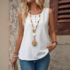 Womens Casual Loose Round-Neck Sleeveless Solid-Colored Cotton Top With Buttons