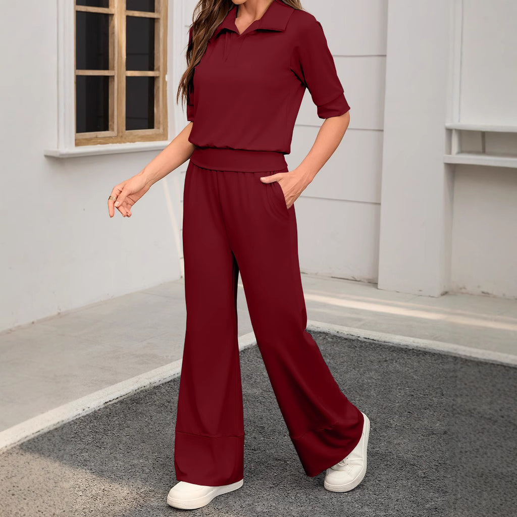 Casual Home Wear Solid-color Lapel Short-sleeve Top And Elastic-waist Wide-leg Pants
