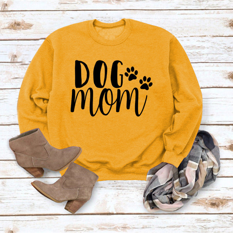 Dog Mom Lettered Casual Round Neck Long Sleeve Sweater Europe And America Cross Border Fashion Loose Base Ride Top For Women